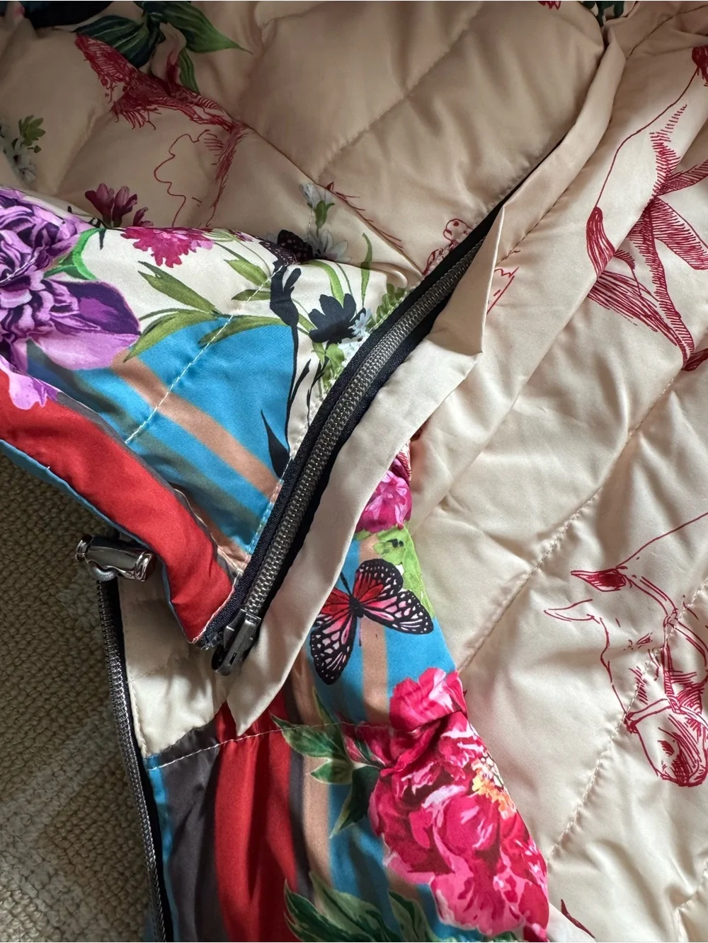 Johnny Was Santa Fe Reversible Down Puffer Parka Teal Multicolor Floral Large